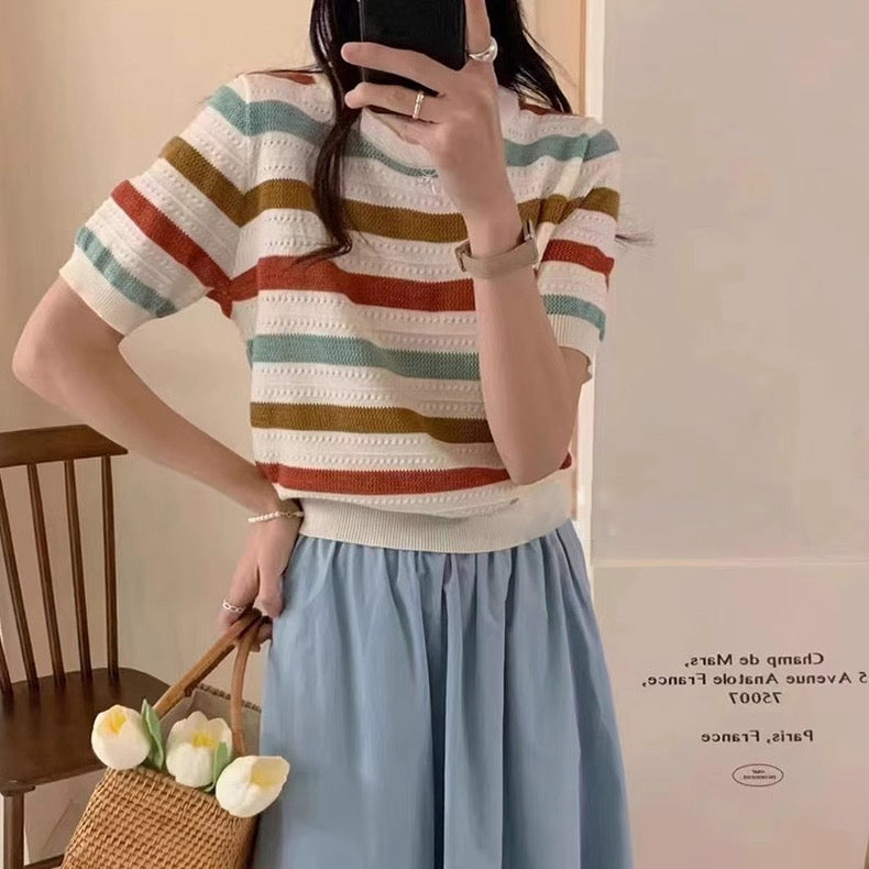 Eyelet Pattern Multi Color Stripe Loose Knitted Top