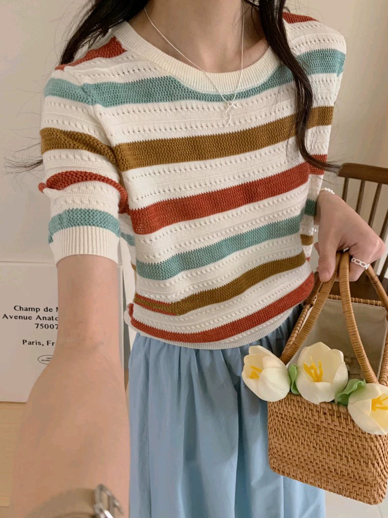 Eyelet Pattern Multi Color Stripe Loose Knitted Top