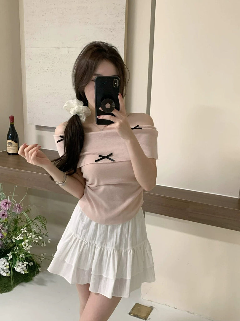 Fold-over Off-shoulder Ribbon Bowknot Ruched Side Knitted Top