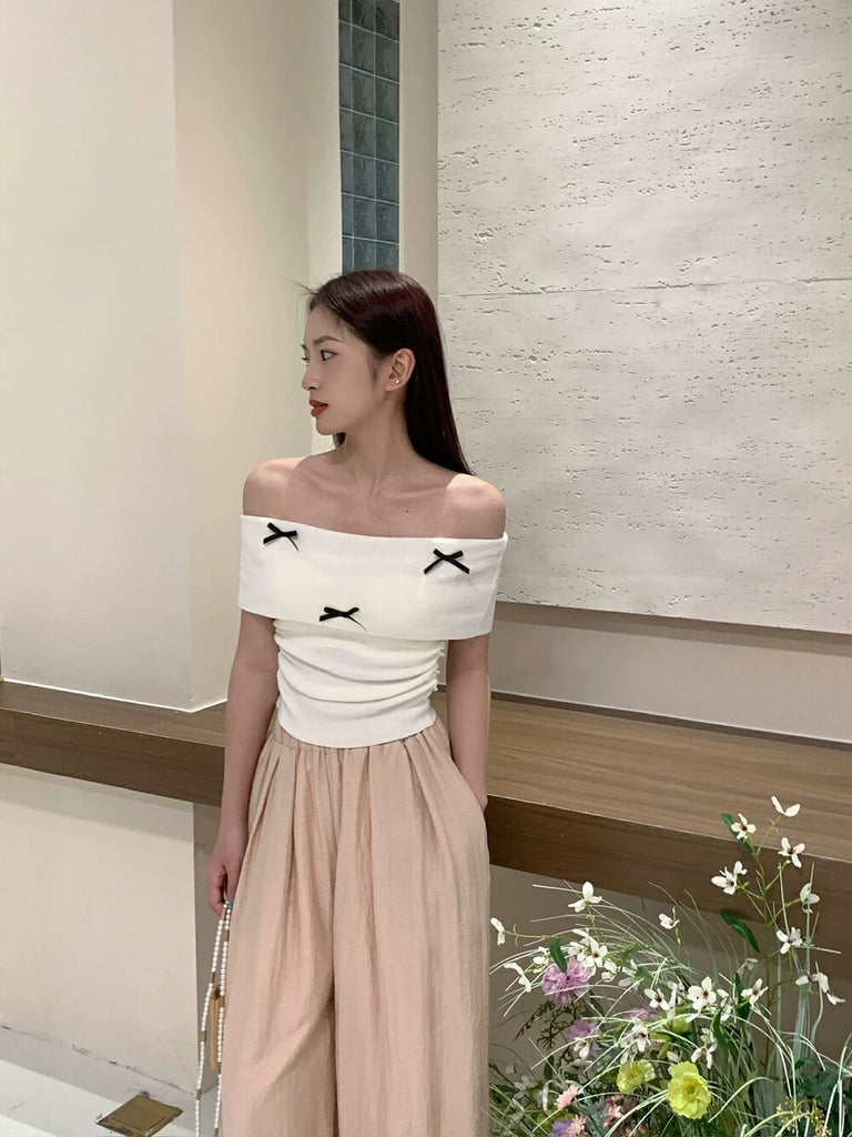 Fold-over Off-shoulder Ribbon Bowknot Ruched Side Knitted Top