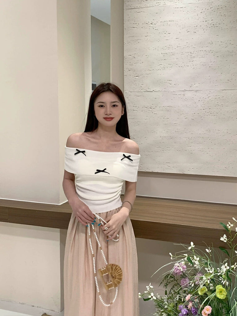 Fold-over Off-shoulder Ribbon Bowknot Ruched Side Knitted Top