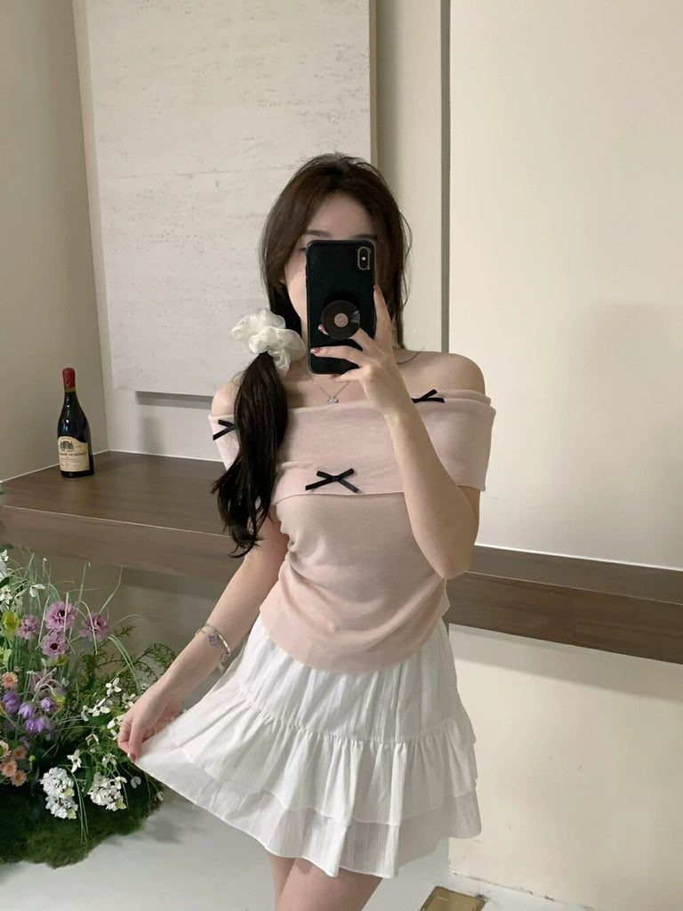 Fold-over Off-shoulder Ribbon Bowknot Ruched Side Knitted Top