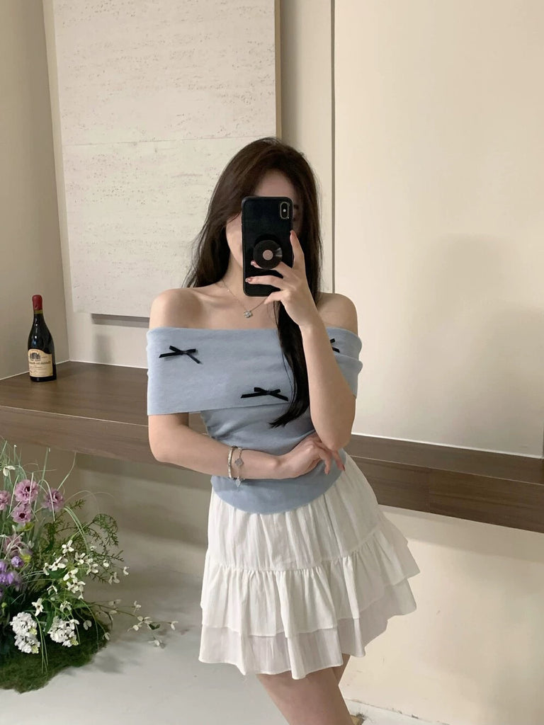 Fold-over Off-shoulder Ribbon Bowknot Ruched Side Knitted Top