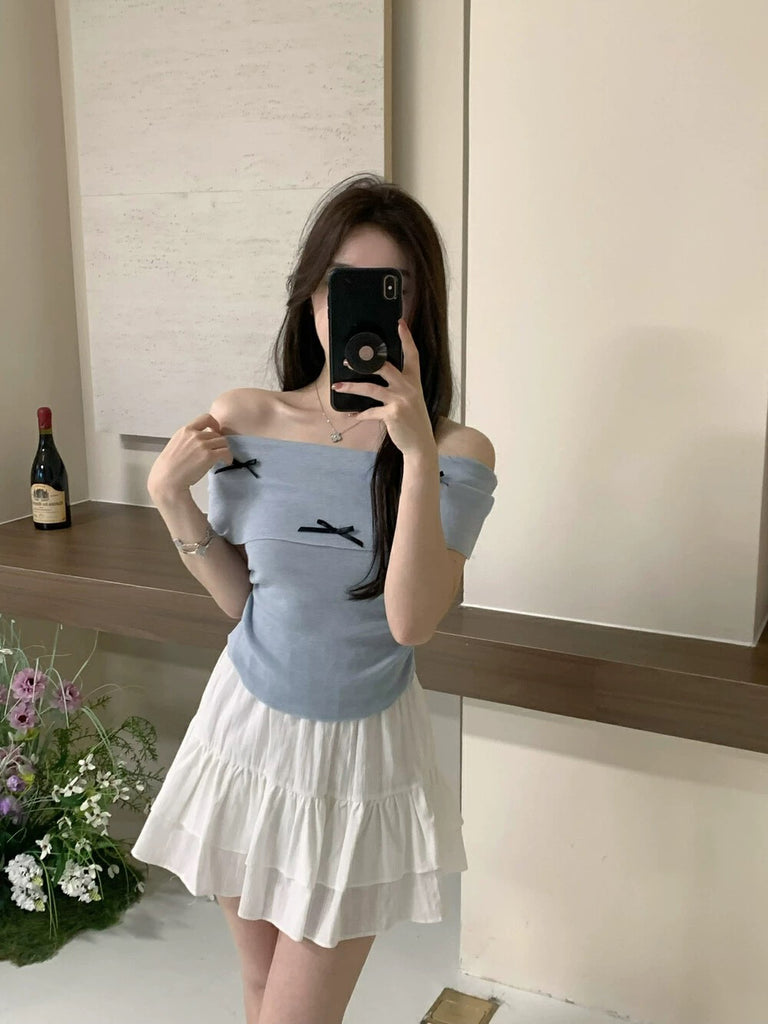 Fold-over Off-shoulder Ribbon Bowknot Ruched Side Knitted Top