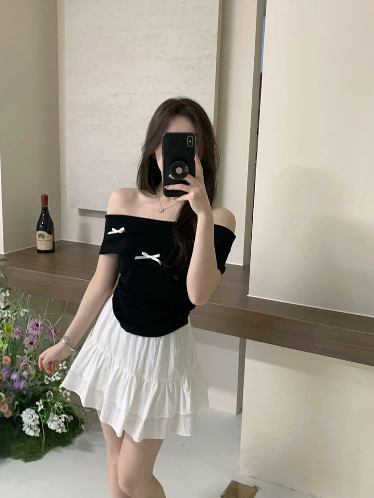 Fold-over Off-shoulder Ribbon Bowknot Ruched Side Knitted Top