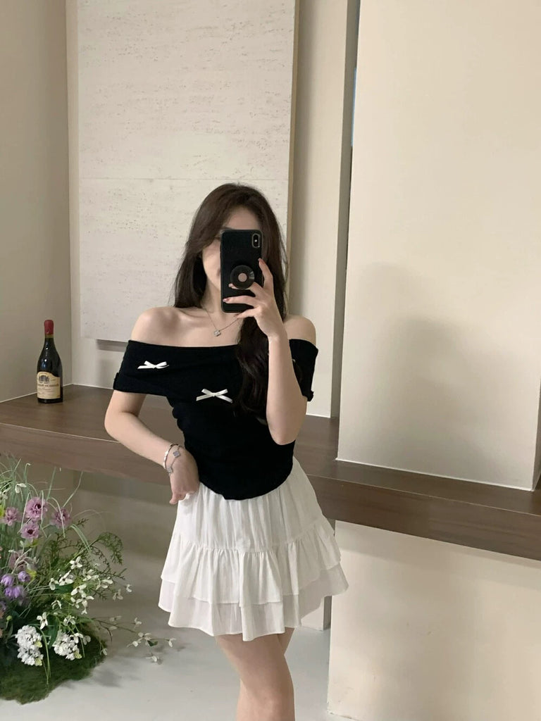 Fold-over Off-shoulder Ribbon Bowknot Ruched Side Knitted Top