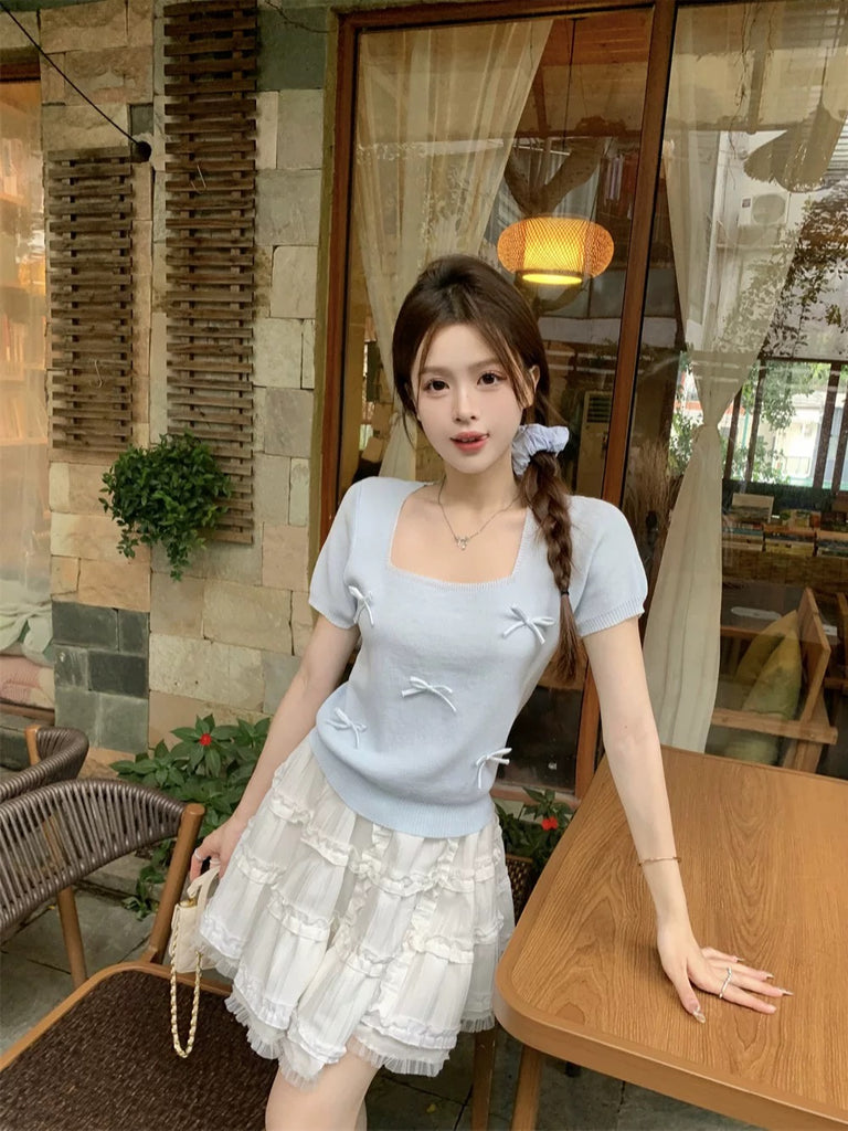 Bowknot Ribbon Square Neck Knitted Top