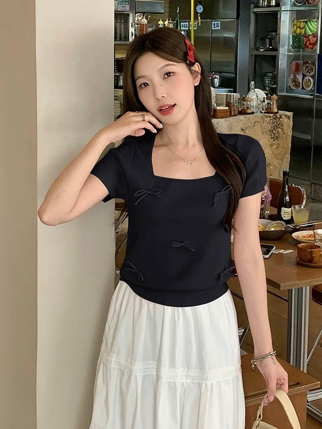 Bowknot Ribbon Square Neck Knitted Top