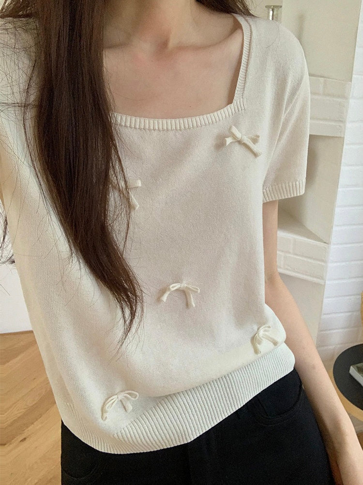 Bowknot Ribbon Square Neck Knitted Top