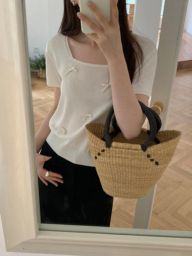 Bowknot Ribbon Square Neck Knitted Top