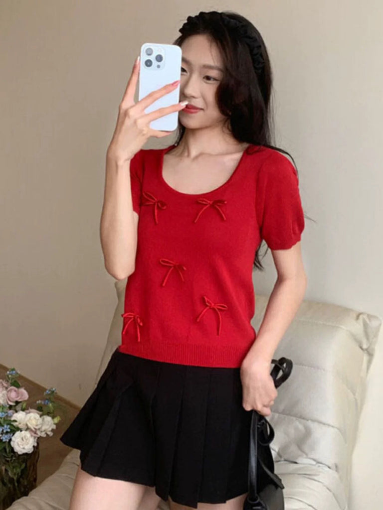 Bowknot Ribbon Square Neck Knitted Top