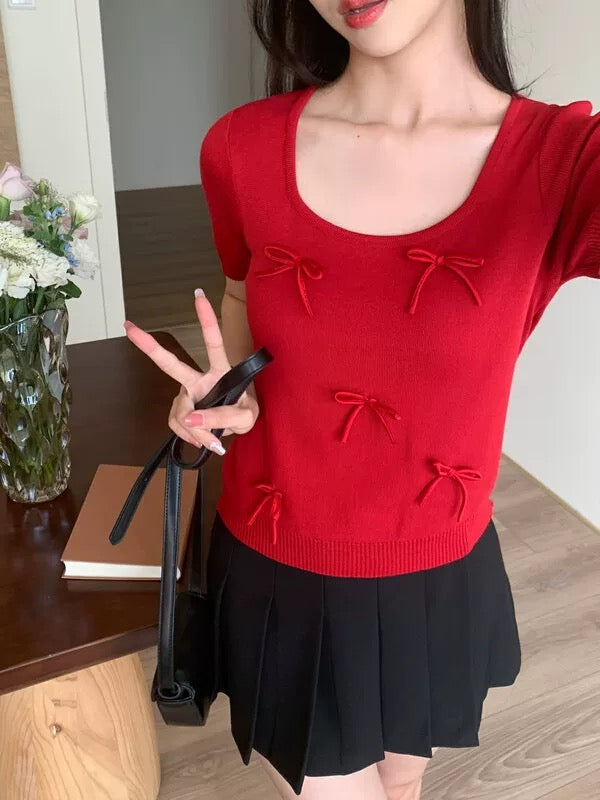 Bowknot Ribbon Square Neck Knitted Top