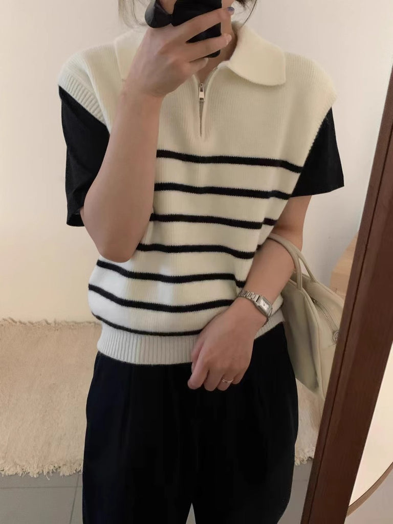 Zipper-up Collar Neck Stripe Sleeveless Knitted Top