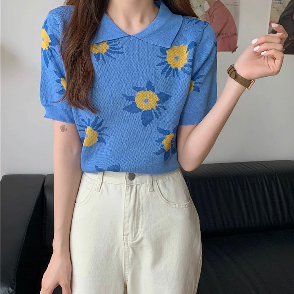 Polo Neck Floral Knitted Top