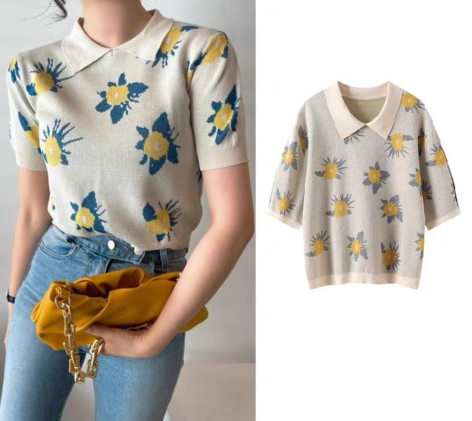 Polo Neck Floral Knitted Top