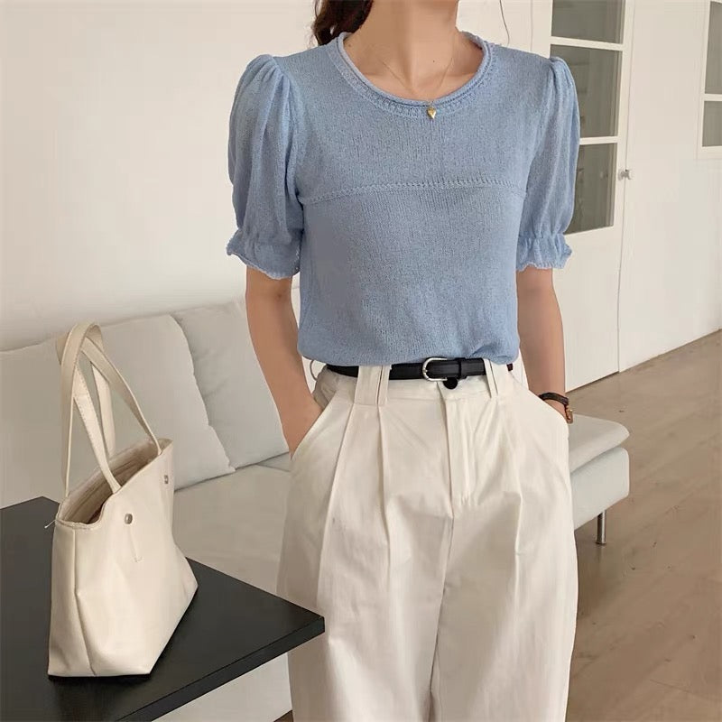 Elastic Sleeve Solid Knitted Top