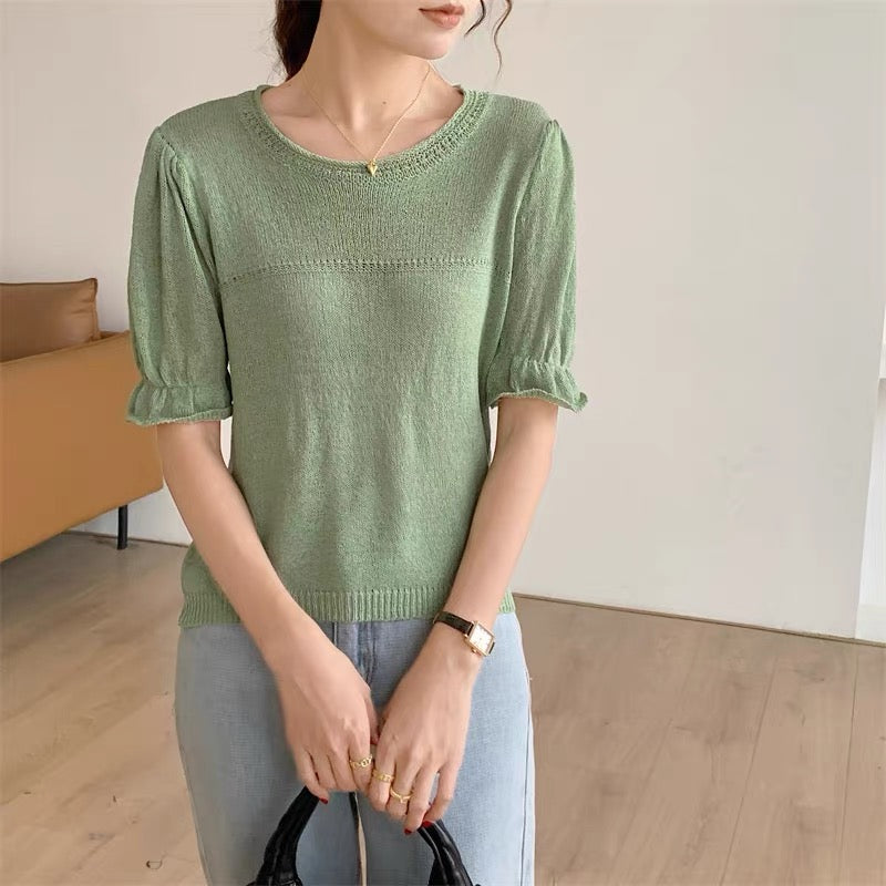 Elastic Sleeve Solid Knitted Top