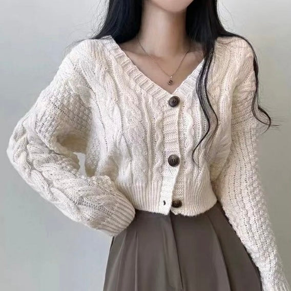 Braided Pattern Button Down Long Sleeve Knitted Cardigan Top