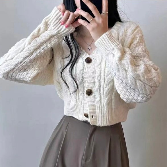 Braided Pattern Button Down Long Sleeve Knitted Cardigan Top