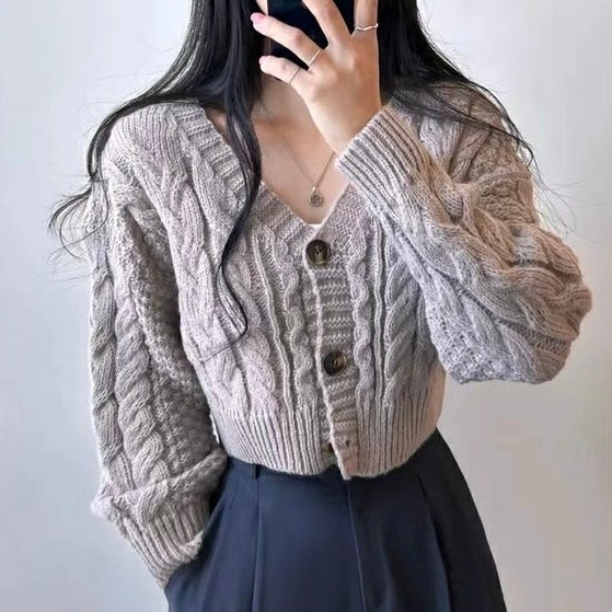 Braided Pattern Button Down Long Sleeve Knitted Cardigan Top