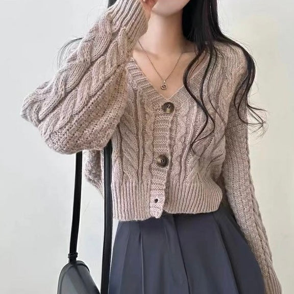 Braided Pattern Button Down Long Sleeve Knitted Cardigan Top