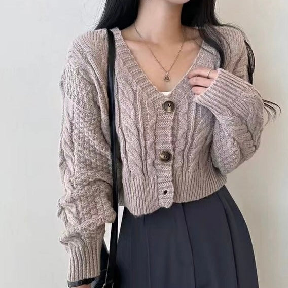 Braided Pattern Button Down Long Sleeve Knitted Cardigan Top