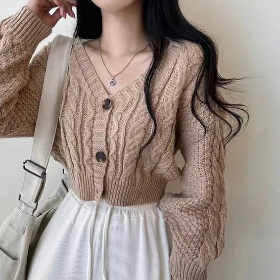 Braided Pattern Button Down Long Sleeve Knitted Cardigan Top