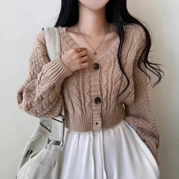 Braided Pattern Button Down Long Sleeve Knitted Cardigan Top