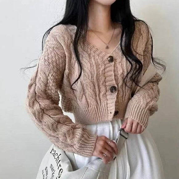 Braided Pattern Button Down Long Sleeve Knitted Cardigan Top