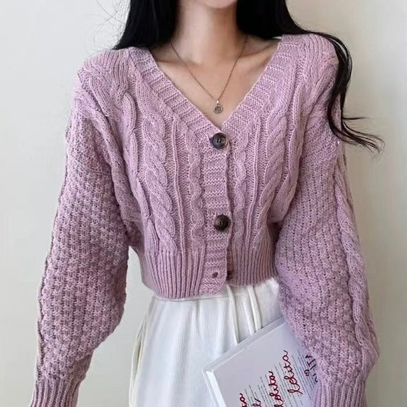 Braided Pattern Button Down Long Sleeve Knitted Cardigan Top