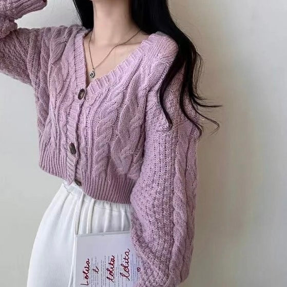 Braided Pattern Button Down Long Sleeve Knitted Cardigan Top