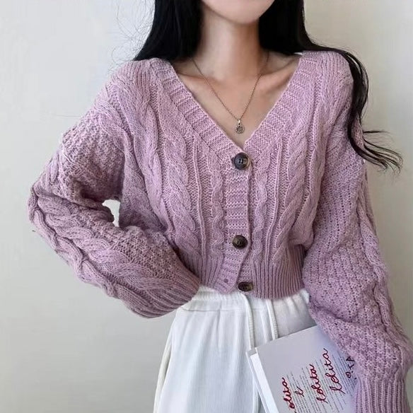 Braided Pattern Button Down Long Sleeve Knitted Cardigan Top