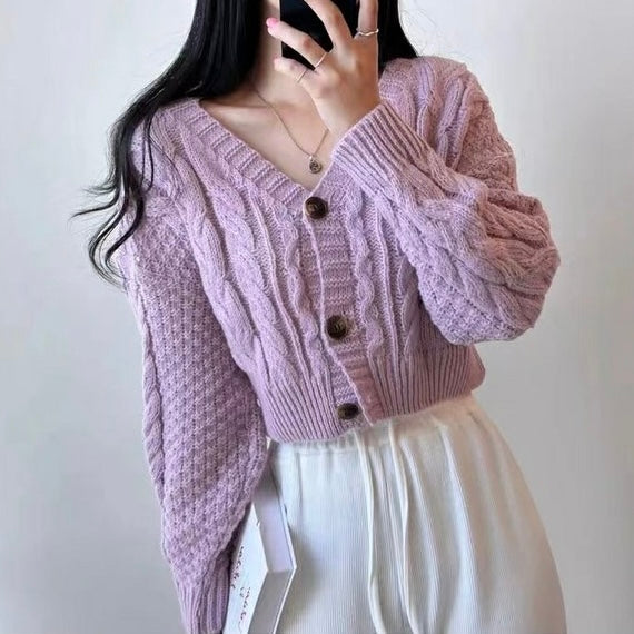 Braided Pattern Button Down Long Sleeve Knitted Cardigan Top