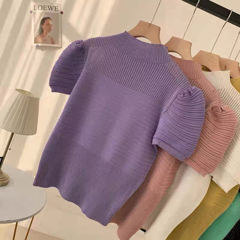 Turtle Neck Puff Sleeve Knitted Top