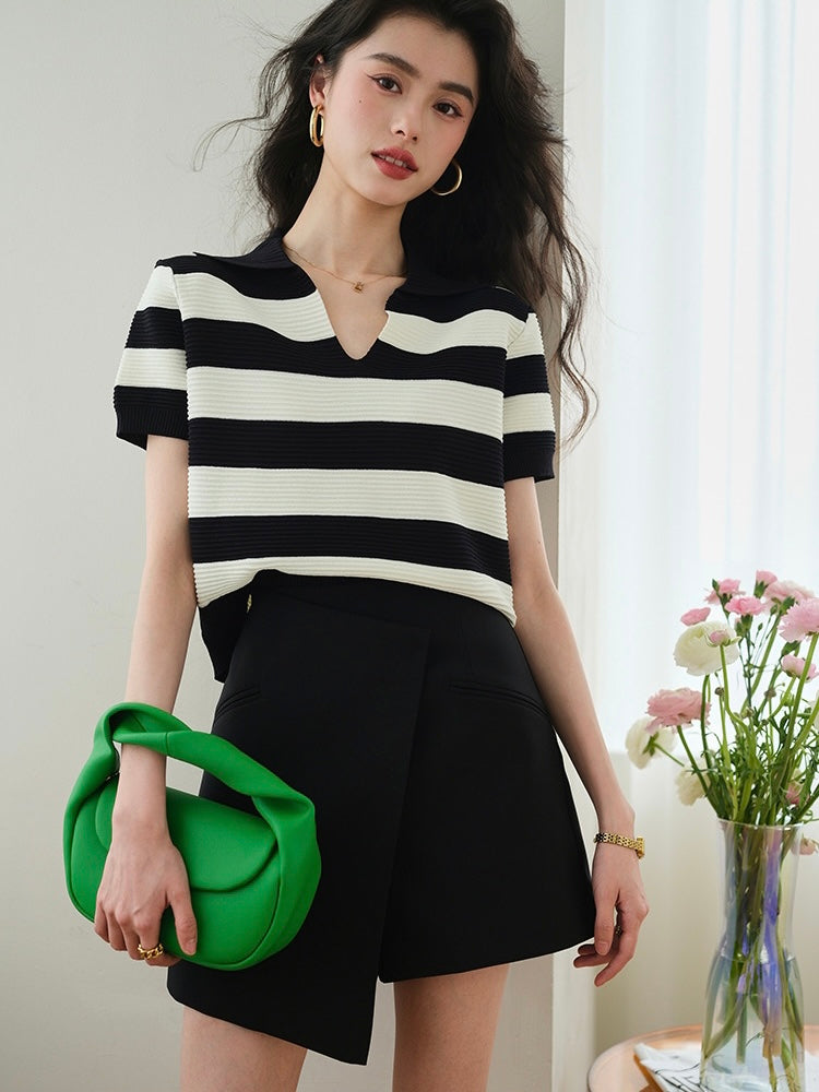 Polo Neck Stripe Knitted Top