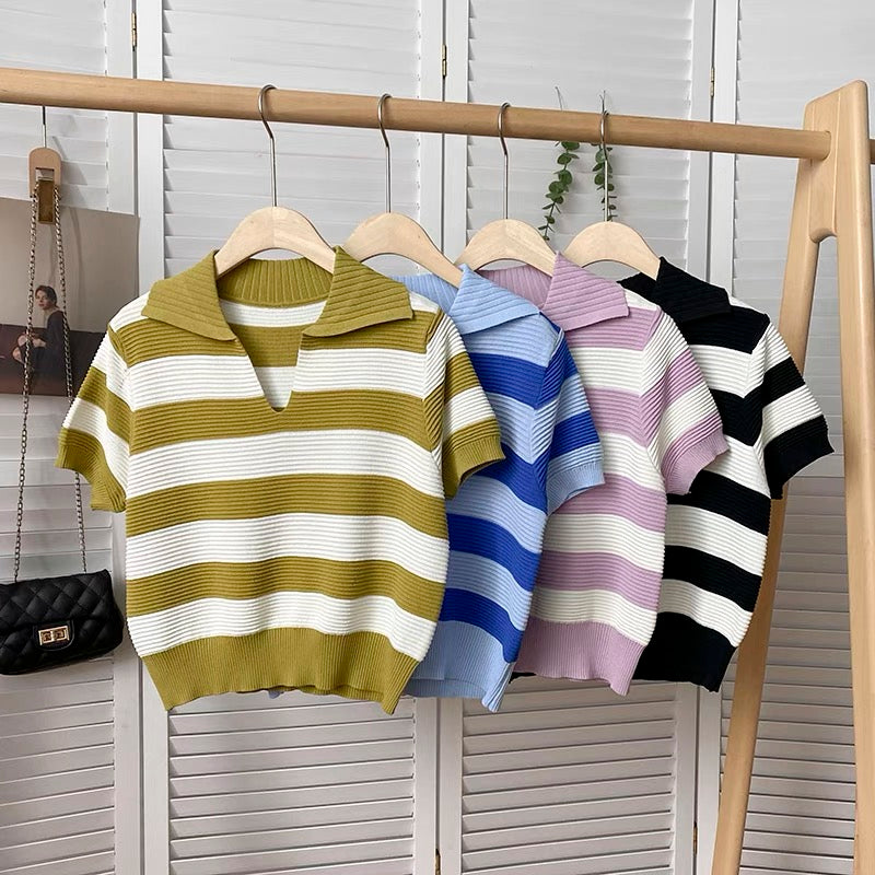 Polo Neck Stripe Knitted Top