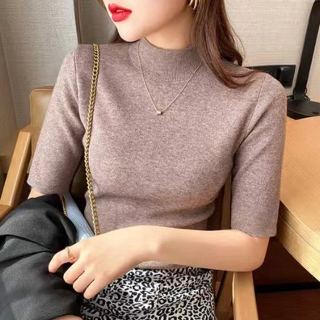 Turtle Neck Mid Sleeve Solid Knitted Top