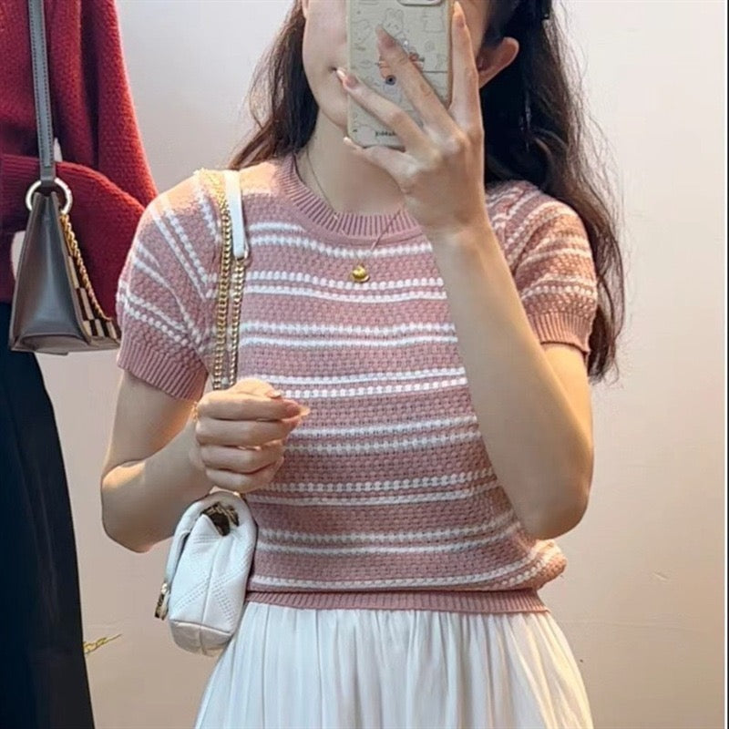 Stripe Knitted Round Neck Short Sleeve Top