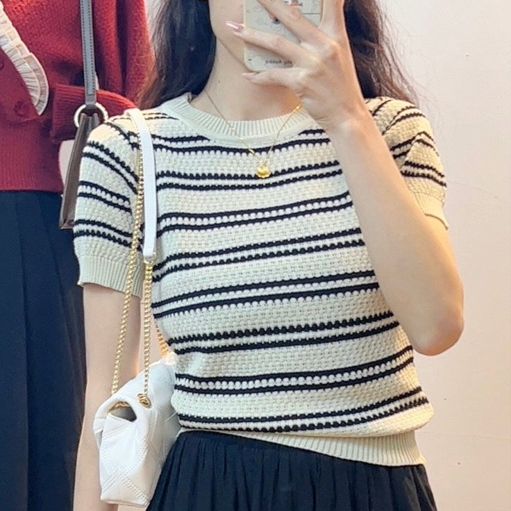 Stripe Knitted Round Neck Short Sleeve Top