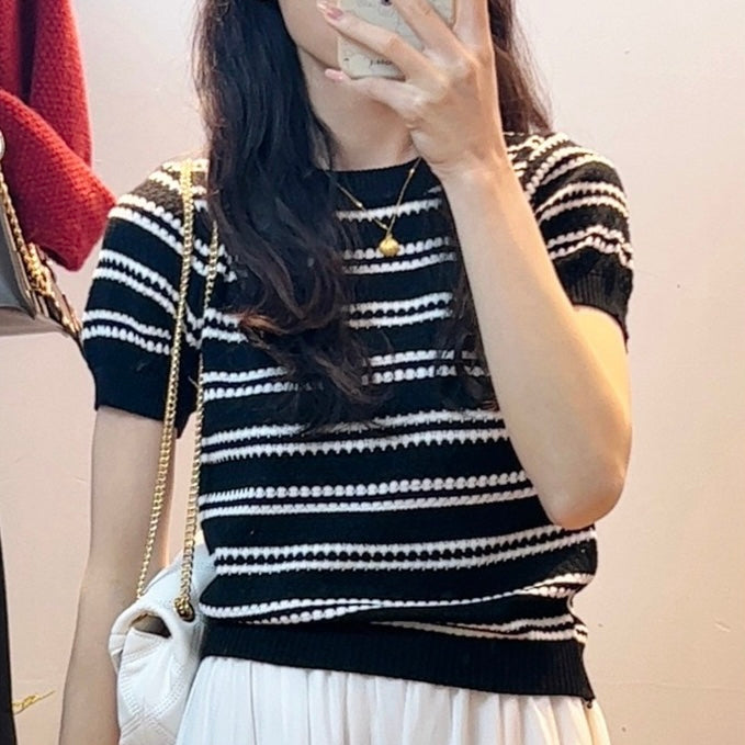 Stripe Knitted Round Neck Short Sleeve Top