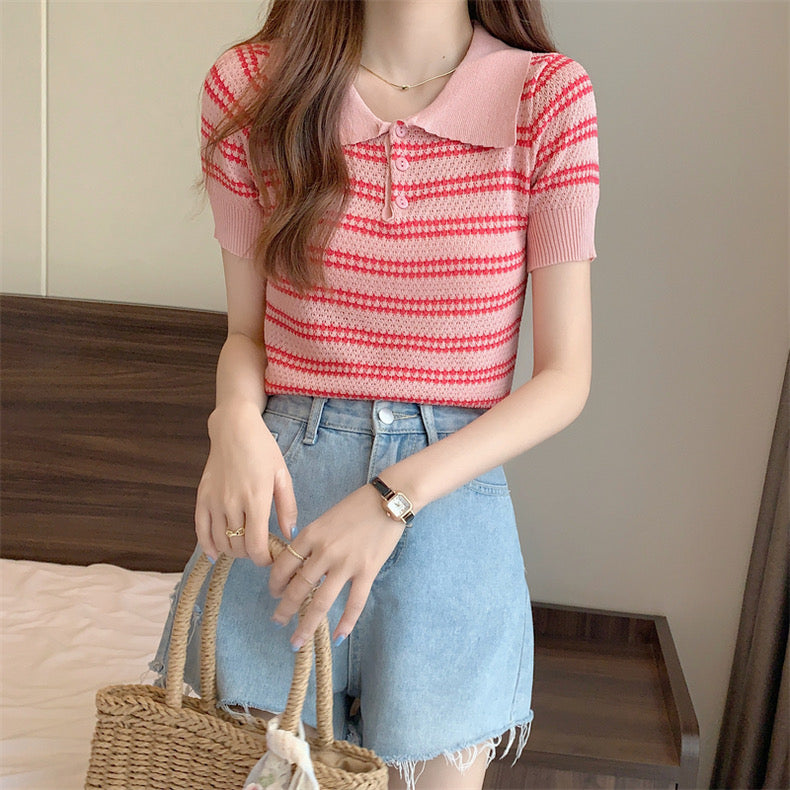 Collar Neck w/ Working Buttons Stripe Knitted Top