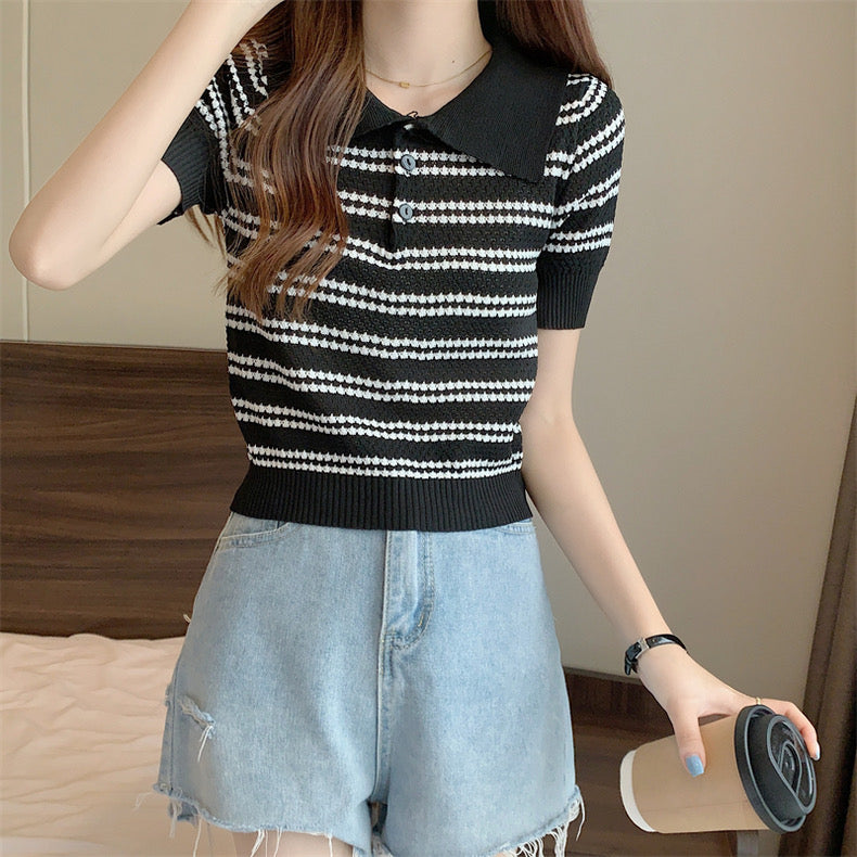 Collar Neck w/ Working Buttons Stripe Knitted Top