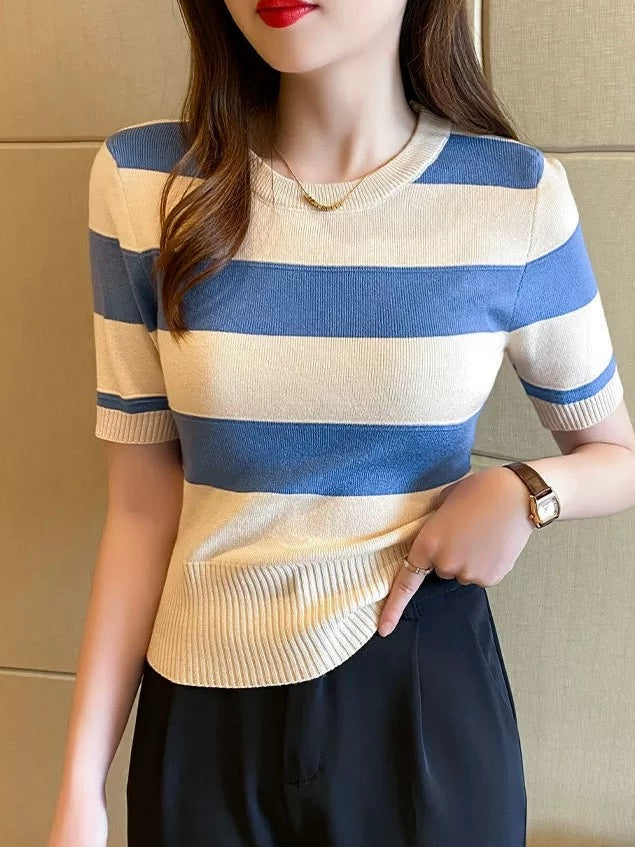 Stripe w/ Embossed Line Round Neck Knitted Top