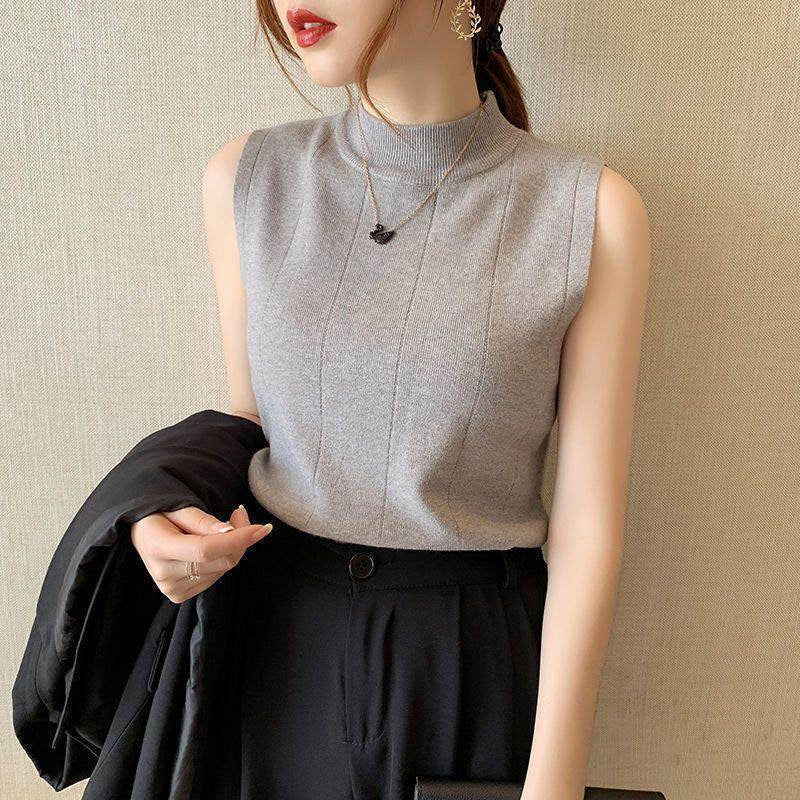 Turtle Neck Solid Sleeveless Knitted Top