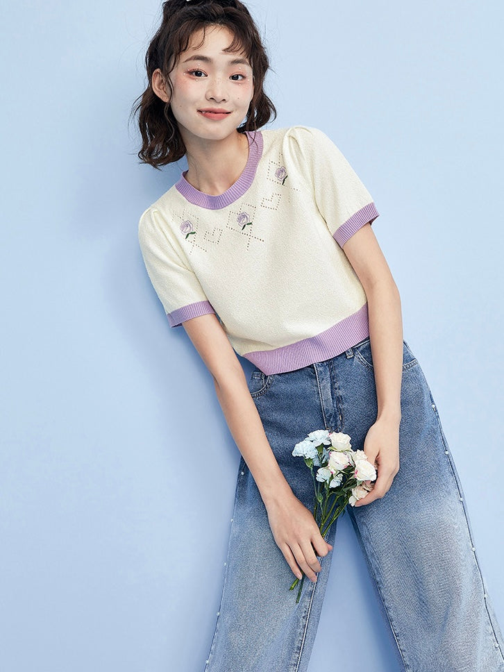 Heart Eyelet Embroidered Floral Knitted Top