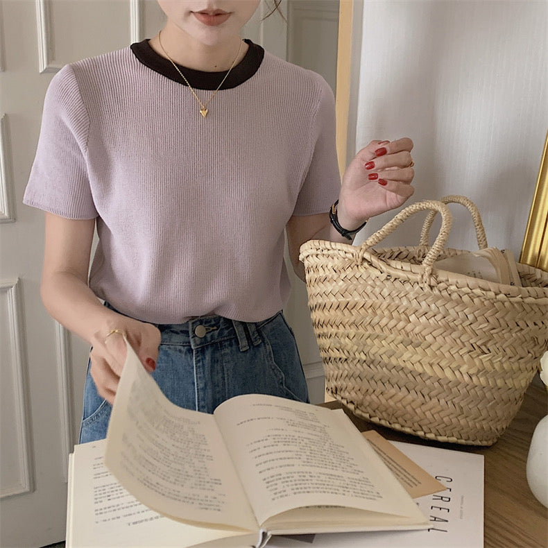 Two Tone Round Neck Solid Loose Knitted Top