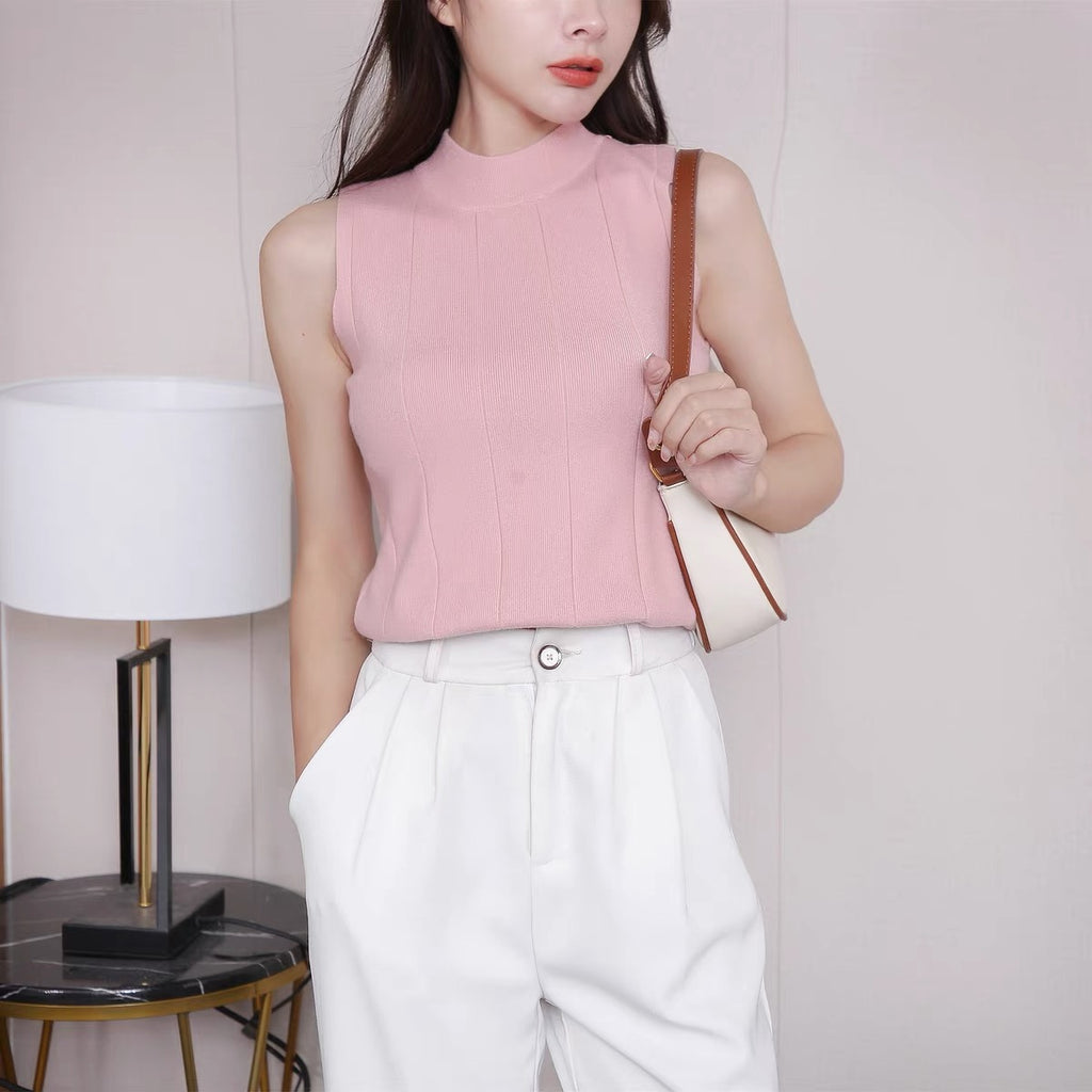 Turtle Neck Solid Sleeveless Knitted Top