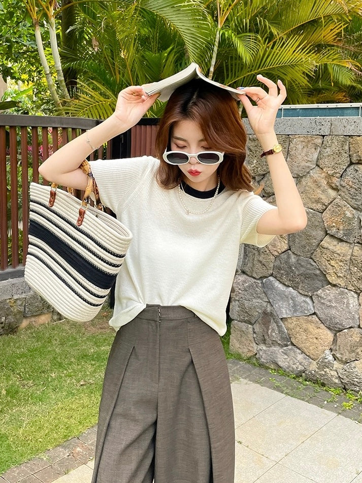 Two Tone Round Neck Solid Loose Knitted Top