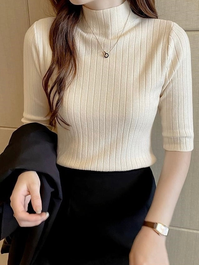 Soft Rib Knitted Turtle Neck Mid Sleeve Oversize Knitted Top