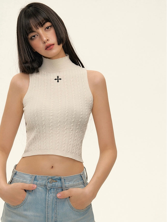 Embroidery Cross Turtle Neck Braided Pattern Sleeveless Knitted Top